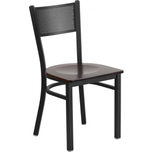 Wholesale HERCULES Series Black Grid Back Metal Restaurant Chair - Walnut Wood Seat