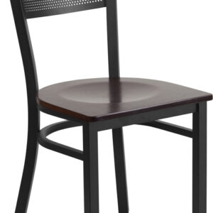 Wholesale HERCULES Series Black Grid Back Metal Restaurant Chair - Walnut Wood Seat