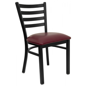 Wholesale HERCULES Series Black Ladder Back Metal Restaurant Chair - Burgundy Vinyl Seat