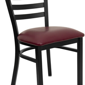 Wholesale HERCULES Series Black Ladder Back Metal Restaurant Chair - Burgundy Vinyl Seat