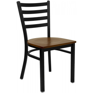 Wholesale HERCULES Series Black Ladder Back Metal Restaurant Chair - Cherry Wood Seat