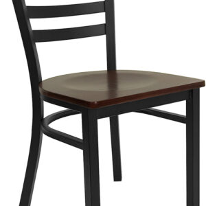 Wholesale HERCULES Series Black Ladder Back Metal Restaurant Chair - Mahogany Wood Seat