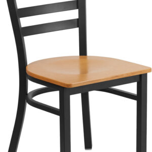 Wholesale HERCULES Series Black Ladder Back Metal Restaurant Chair - Natural Wood Seat
