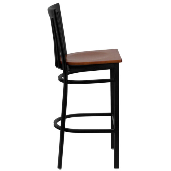Lowest Price HERCULES Series Black School House Back Metal Restaurant Barstool - Cherry Wood Seat