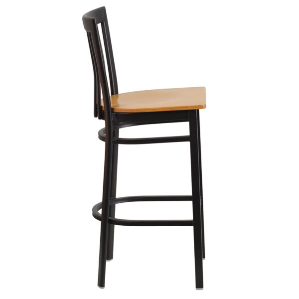 Lowest Price HERCULES Series Black School House Back Metal Restaurant Barstool - Natural Wood Seat