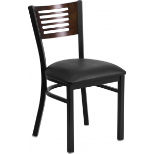 Wholesale HERCULES Series Black Slat Back Metal Restaurant Chair - Walnut Wood Back