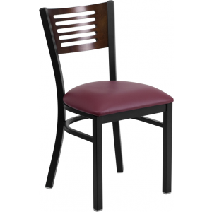Wholesale HERCULES Series Black Slat Back Metal Restaurant Chair - Walnut Wood Back
