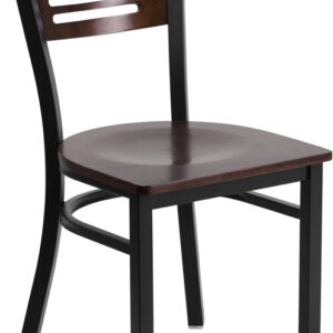 Wholesale HERCULES Series Black Slat Back Metal Restaurant Chair - Walnut Wood Back & Seat