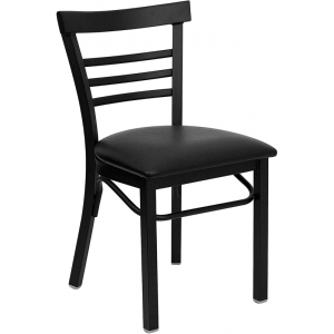 Wholesale HERCULES Series Black Three-Slat Ladder Back Metal Restaurant Chair - Black Vinyl Seat