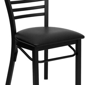 Wholesale HERCULES Series Black Three-Slat Ladder Back Metal Restaurant Chair - Black Vinyl Seat