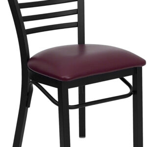 Wholesale HERCULES Series Black Three-Slat Ladder Back Metal Restaurant Chair - Burgundy Vinyl Seat