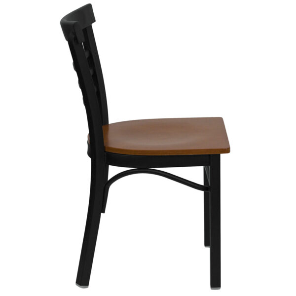 Lowest Price HERCULES Series Black Three-Slat Ladder Back Metal Restaurant Chair - Cherry Wood Seat