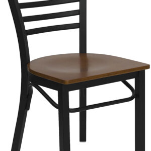 Wholesale HERCULES Series Black Three-Slat Ladder Back Metal Restaurant Chair - Cherry Wood Seat