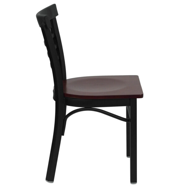Lowest Price HERCULES Series Black Three-Slat Ladder Back Metal Restaurant Chair - Mahogany Wood Seat