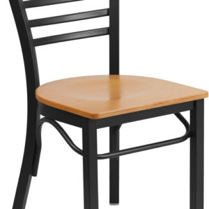 Wholesale HERCULES Series Black Three-Slat Ladder Back Metal Restaurant Chair - Natural Wood Seat