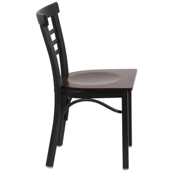Lowest Price HERCULES Series Black Three-Slat Ladder Back Metal Restaurant Chair - Walnut Wood Seat
