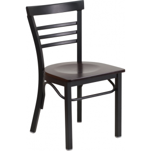Wholesale HERCULES Series Black Three-Slat Ladder Back Metal Restaurant Chair - Walnut Wood Seat
