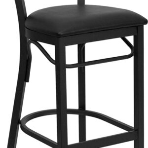 Wholesale HERCULES Series Black Two-Slat Ladder Back Metal Restaurant Barstool - Black Vinyl Seat