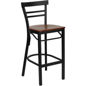 Wholesale HERCULES Series Black Two-Slat Ladder Back Metal Restaurant Barstool - Cherry Wood Seat