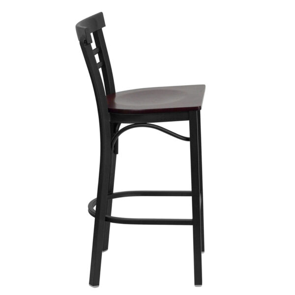 Lowest Price HERCULES Series Black Two-Slat Ladder Back Metal Restaurant Barstool - Mahogany Wood Seat