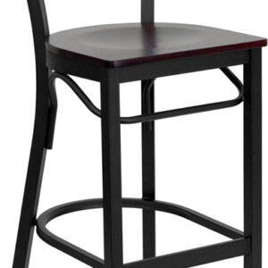 Wholesale HERCULES Series Black Two-Slat Ladder Back Metal Restaurant Barstool - Mahogany Wood Seat