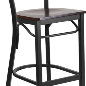 Wholesale HERCULES Series Black Two-Slat Ladder Back Metal Restaurant Barstool - Walnut Wood Seat