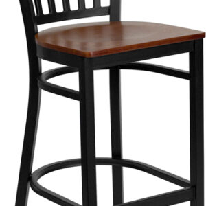 Wholesale HERCULES Series Black Vertical Back Metal Restaurant Barstool - Cherry Wood Seat