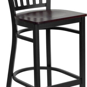Wholesale HERCULES Series Black Vertical Back Metal Restaurant Barstool - Mahogany Wood Seat