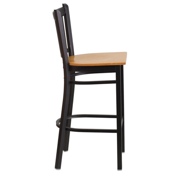 Lowest Price HERCULES Series Black Vertical Back Metal Restaurant Barstool - Natural Wood Seat