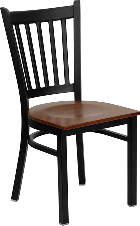 Wholesale HERCULES Series Black Vertical Back Metal Restaurant Chair - Cherry Wood Seat