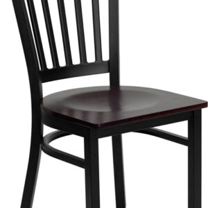 Wholesale HERCULES Series Black Vertical Back Metal Restaurant Chair - Mahogany Wood Seat