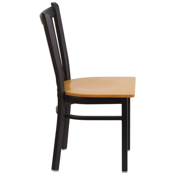 Lowest Price HERCULES Series Black Vertical Back Metal Restaurant Chair - Natural Wood Seat