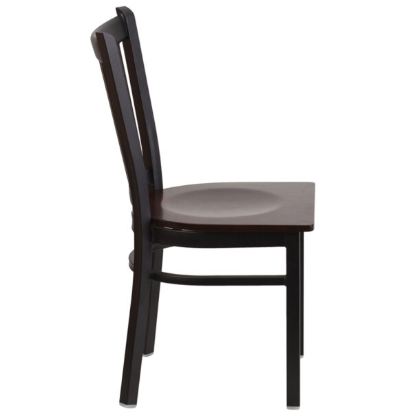 Lowest Price HERCULES Series Black Vertical Back Metal Restaurant Chair - Walnut Wood Seat