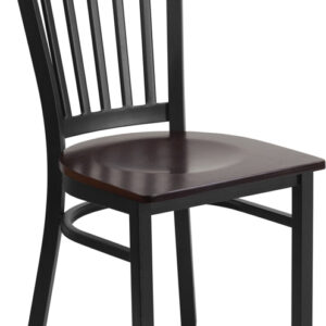 Wholesale HERCULES Series Black Vertical Back Metal Restaurant Chair - Walnut Wood Seat
