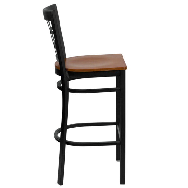 Lowest Price HERCULES Series Black Window Back Metal Restaurant Barstool - Cherry Wood Seat