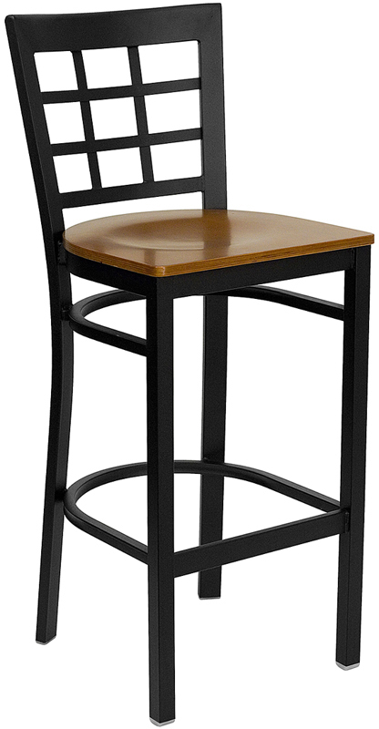Wholesale HERCULES Series Black Window Back Metal Restaurant Barstool - Cherry Wood Seat