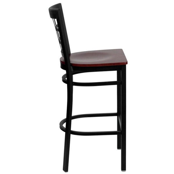 Lowest Price HERCULES Series Black Window Back Metal Restaurant Barstool - Mahogany Wood Seat
