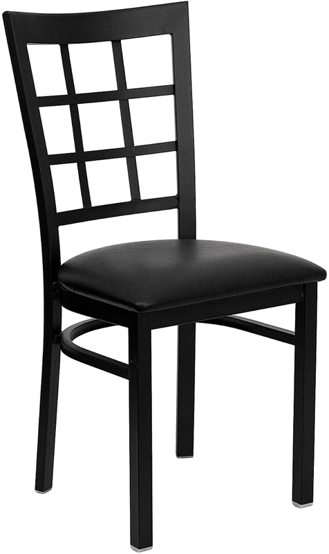 Wholesale HERCULES Series Black Window Back Metal Restaurant Chair - Black Vinyl Seat