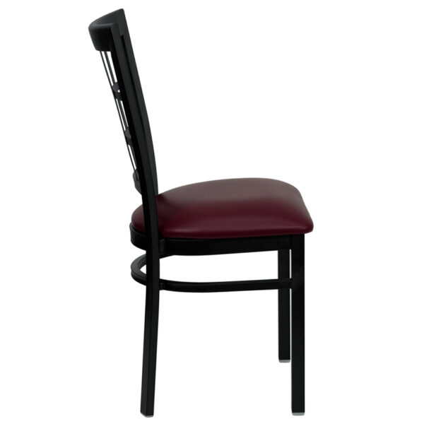 Lowest Price HERCULES Series Black Window Back Metal Restaurant Chair - Burgundy Vinyl Seat