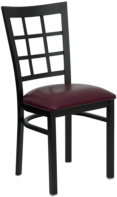 Wholesale HERCULES Series Black Window Back Metal Restaurant Chair - Burgundy Vinyl Seat