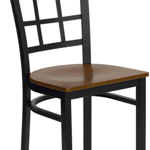Wholesale HERCULES Series Black Window Back Metal Restaurant Chair - Cherry Wood Seat