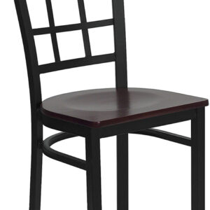 Wholesale HERCULES Series Black Window Back Metal Restaurant Chair - Mahogany Wood Seat