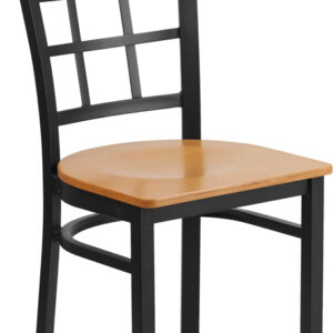 Wholesale HERCULES Series Black Window Back Metal Restaurant Chair - Natural Wood Seat