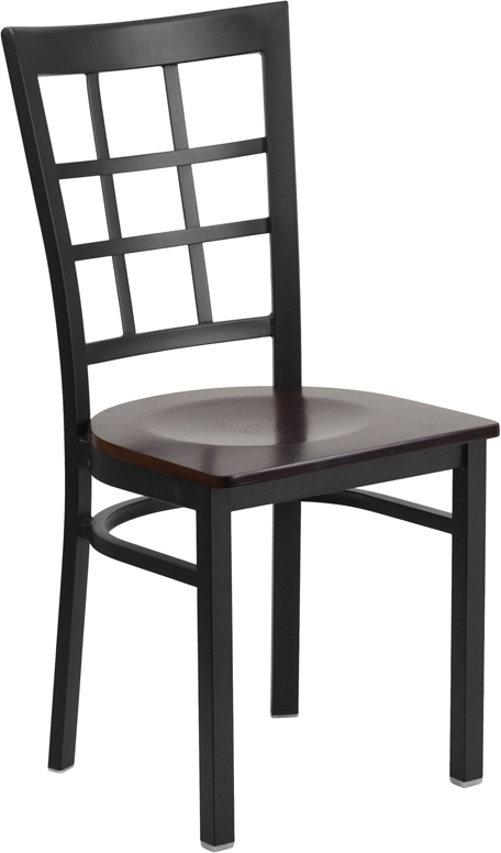 Wholesale HERCULES Series Black Window Back Metal Restaurant Chair - Walnut Wood Seat