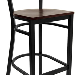 Wholesale HERCULES Series Black ''X'' Back Metal Restaurant Barstool - Mahogany Wood Seat