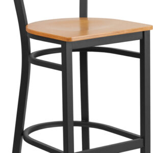 Wholesale HERCULES Series Black ''X'' Back Metal Restaurant Barstool - Natural Wood Seat
