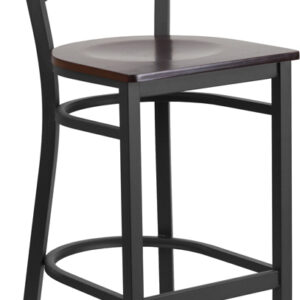 Wholesale HERCULES Series Black ''X'' Back Metal Restaurant Barstool - Walnut Wood Seat