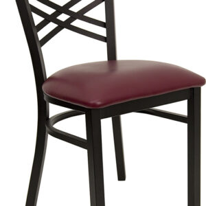 Wholesale HERCULES Series Black ''X'' Back Metal Restaurant Chair - Burgundy Vinyl Seat