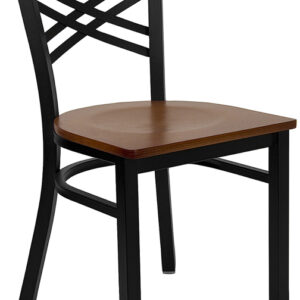Wholesale HERCULES Series Black ''X'' Back Metal Restaurant Chair - Cherry Wood Seat
