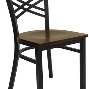 Wholesale HERCULES Series Black ''X'' Back Metal Restaurant Chair - Mahogany Wood Seat